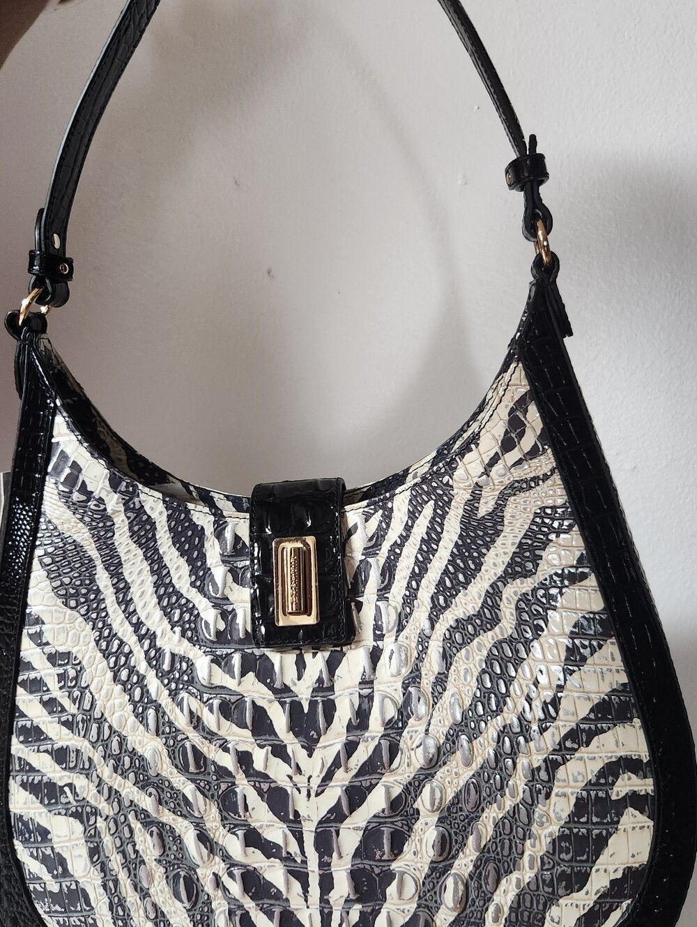 Brahmin Black & White Zebra-Print Patent Shoulder Bag- Fallon - Picture 9 of 11
